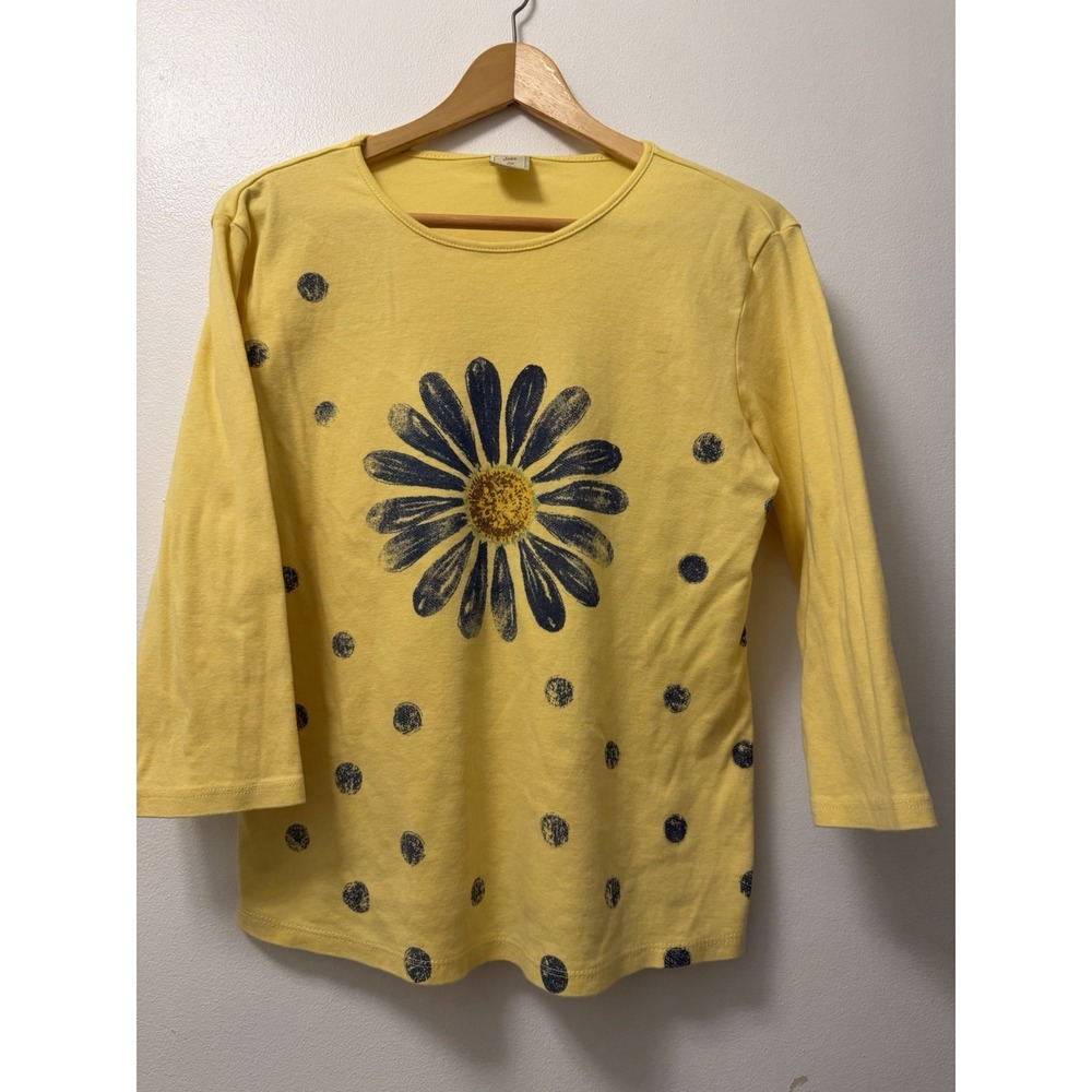 Jess & Jane Women Blouse L Yellow Floral Scoop Neck Pullover Made In USA Y2K